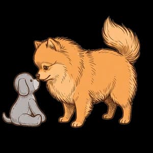 Grizzly nose to nose with a small grey plush dog half his size, sizing it up.