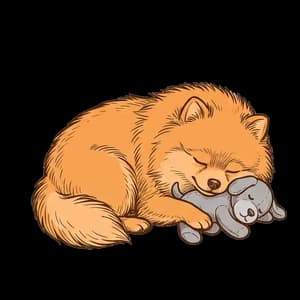 Grizzly curled asleep, chin resting on the plush.